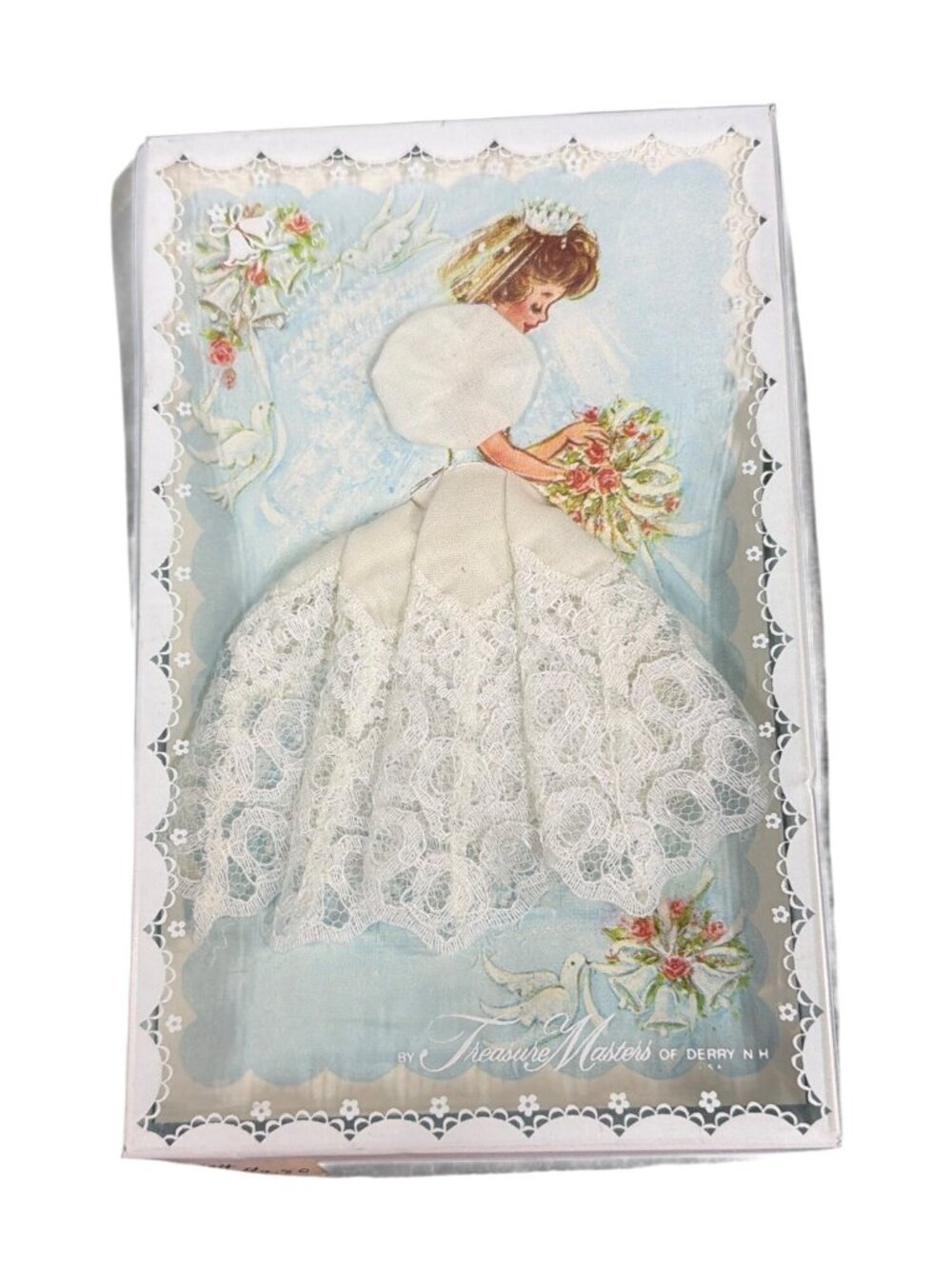 Vintage Treasure Masters Bride Greeting Card With Lace Handkerchief Dress In Box